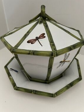Italian Vintage 1970’s Costa Bamboo and Dragonfly Bowl with Lid and Base Plate